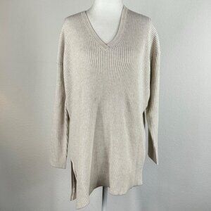 Wrap London Wool Blend Asymmetrical Hem Sweater Size 6 Ivory V Neck